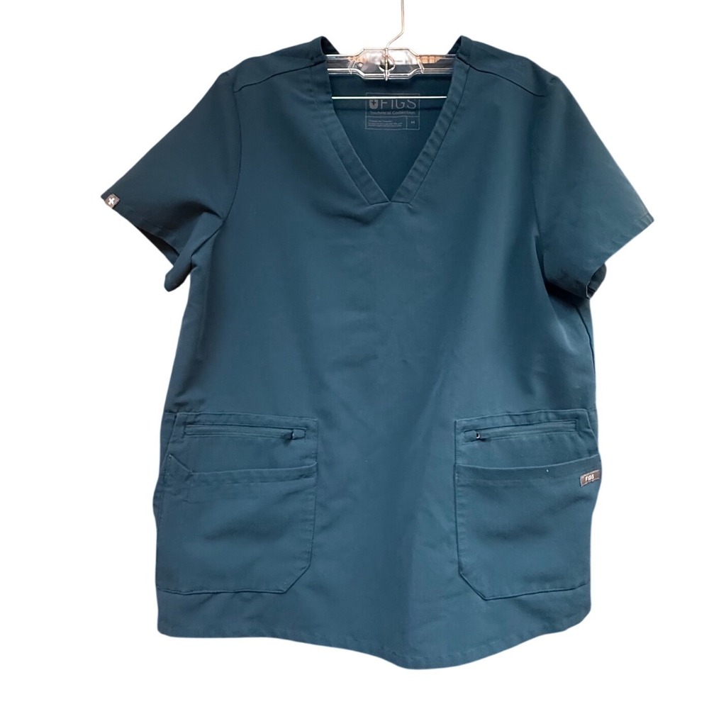FIGS Technical Collection Women Scrub Top V-Neck Teal Blue Size M 4-Pocket